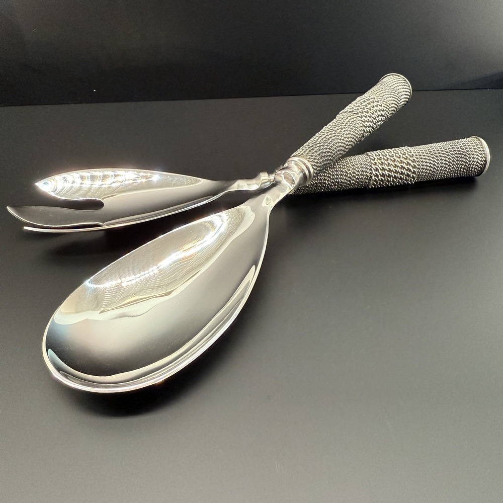 Vtg Silver Salad Servers Woven Wire Mesh Handles Y2K Postmodern Godinger Style